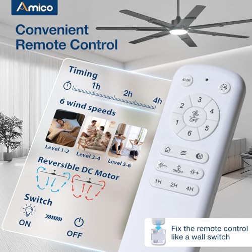 Image of Amico Ceiling Fans with Lights,66 inch Black Ceiling fan with Light and Remote, 6 Speed Reversible DC Motor, 3CCT, Dimmable, Quiet, Timer, Large Modern Ceiling Fan for Living room, Indoor /Outdoor