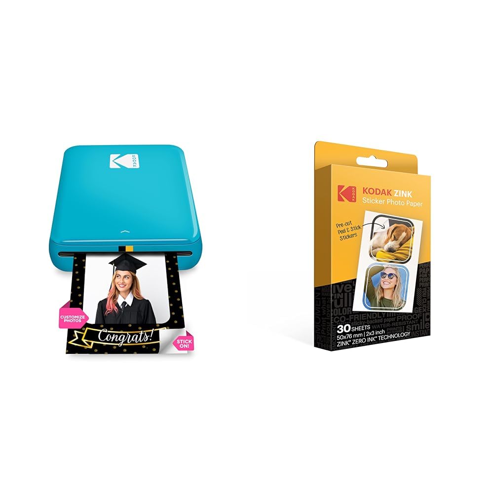 KODAK Step Instant Fotodrucker mit Bluetooth/NFC & 5,1 x 7,6 cm Premium Zink vorgeschnittenes Aufkleber Fotopapier (30 Blatt) kompatibel Step Drucker, Weiß, RODZ2X330C