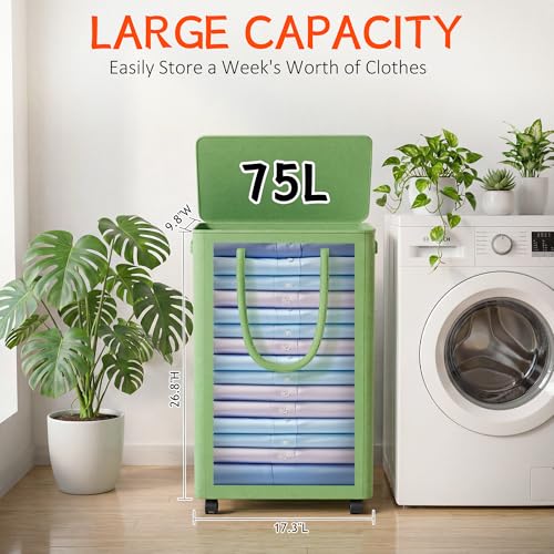 Image of Slim Laundry Hamper with Wheels,20 Gal (75L) Rolling Laundry Basket with lid and wheels Clothes Hamper Foldable Tall Dirty Clothes Basket Sturdy Collapsible Clothes Hamper for Dorm,Laundry Room