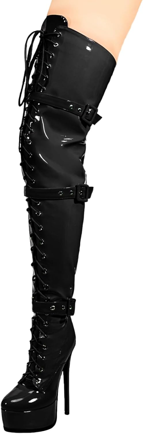 Women's Sexy Thigh High Heels Cross Lace Up Over Knee Platform Boots Unisex Round Head Plus Size