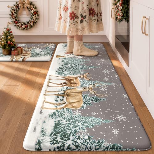 KIMODE Christmas Kitchen Mats for Floor Cushioned Anti Fatigue Rugs 2PCS