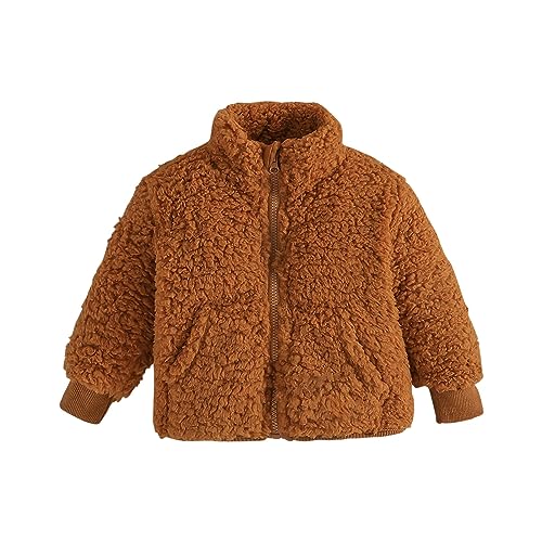 Fleece Zipper Coat for Baby Girls Solid Color Stand Collar Thicken Plush Jacket with Pockets Toddler Girls Cute Clothes