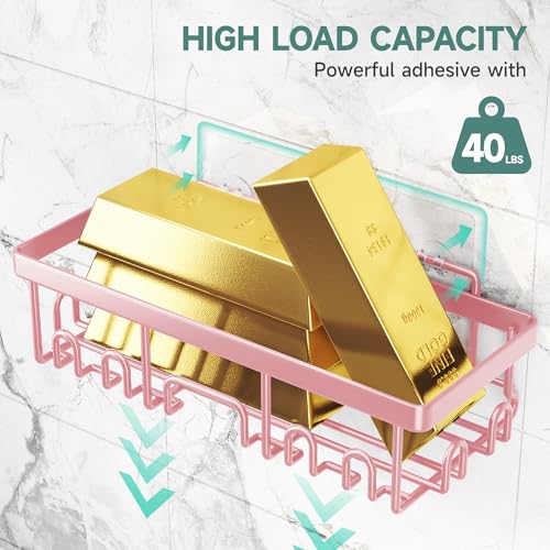 Image of Veken Large Capacity Shower Caddy 6-Pack, No Drilling & Rustproof, Adhesive Shower Shelves with Soap Holder, Bathroom Organizers and Storage, Wall-Mounted Kitchen & Home Decor, Pink