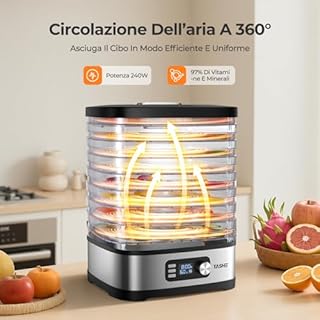 YASHE Essiccatore Alimentare 8 Vassoi, Tempo e Temperatura Regolabili 72H, Include Griglie a Rete, Vassoio per Rotoli di Frutta e Pinza Inox per Jerky, Frutta, Carne, Verdure, Erbe, Senza BPA