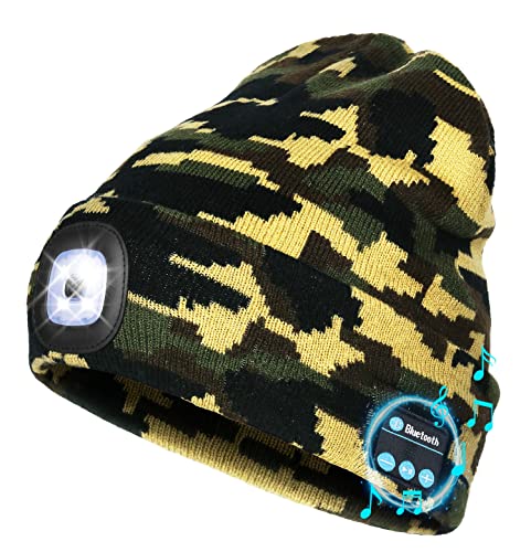 Image of Wmcaps Bluetooth Beanie with a Light, Unisex USB Rechargeable 4 LED Fashlight Hat with Cordless Headphones, Unique Christmas Birthday Gifts for Men Him Husband Teen Camouflage Green