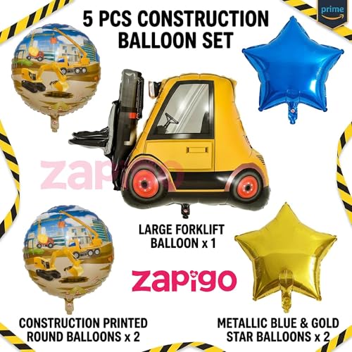 Image of Balloonistics Forklift Construction Theme Birthday Balloon Bouquet | Construction Birthday Party Decoration | Industrial Vehicle Party Balloon Set | Pack of 5