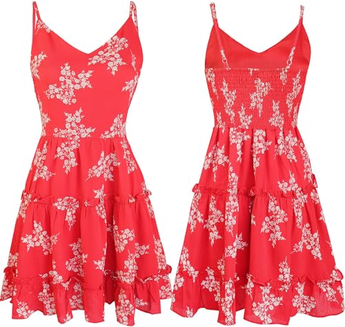 Image of FANCYINN Women Floral Casual Tiered Mini Dresses Spaghetti Strap V Neck Backless A Line Swing Short Dress with Pockets