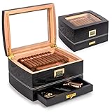 Marvero Sigari Humidor, Humidor per Sigari in Cedro, con umidificatore e cassetti per accessori, scatola per umidificatore per sigari che può contenere 75 sigari,Nero