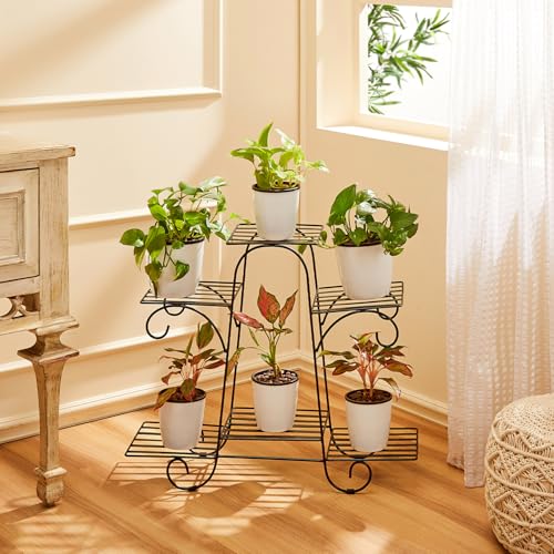 Image of Amazon Basics Metal Planter Stand for Living Room, Indoor Outdoor Plant Stand for Balcony and Home Decor, Holds 6 Planters, Black