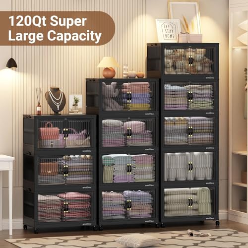 360Qt Stackable Storage Bins with 3 Lids, Extra Large Closet Organizer Collapsible Drawer Boxes with Wheels, Folding Plastic Cabinet Containers for Home Kitchen Room Organization, 3Pack Black