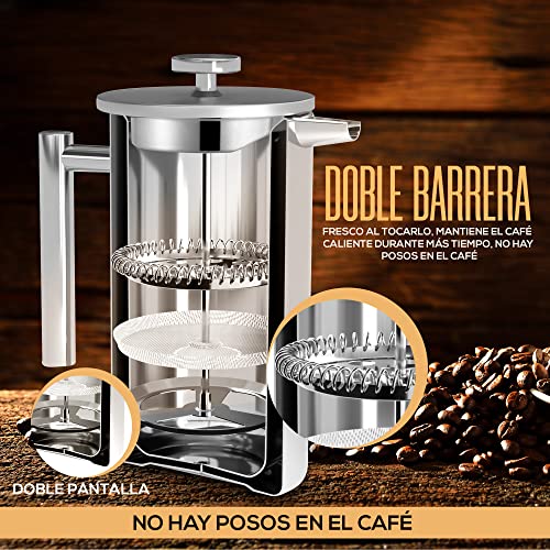 KICHLY Cafetiere Cafetera de prensa francesa de acero inoxidable de 8 tazas, prensa de café con sistema de filtración de 3 niveles, cafetera aislada de doble pared con 1 filtro adicional - 1000 ml - - imagen 6