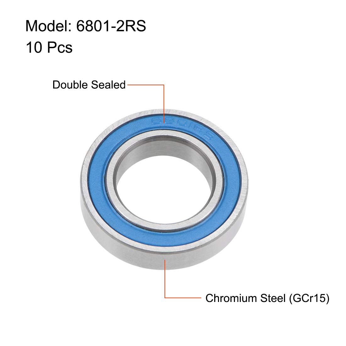 sourcing map 6801-2RS Gorge Profonde Bille Roulements 12mm x 21mm x 5mm Double Scellé Chrome Acier Bleu Couverture P6(ABEC3) 10Pcs