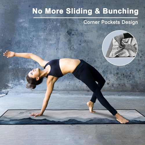 QiyI Yoga Mat Towel with Corner Pockets, Non Slip Sweat Absorbent Hot Yoga Towels, Soft Yoga Blankets with Travel Bag, Skidless Mat Cover for Workout, Gym, Fitness - 70"x26", Watercolor Mountain - Image 3