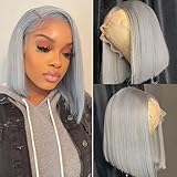Ubetta Grey Bob Wig Human Hair,Silver Grey 13x4 Lace Front Wigs Human Hair Pre Plucked HD Transparent Lace Frontal Bob Wigs for Black Women