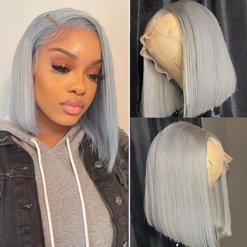 Ubetta Grey Bob Wig Human Hair,Silver Grey 13x4 Lace Front