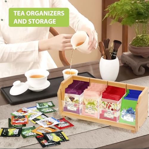 Qivine Bamboo Tea Bag Storage Organizer, Wooden Tea Box Drawer Storage Holder with 4 Compartments, Tea Bag Organiser, Divided Chest Countertop Box for Sugar Packet, Sweeteners - Image 5