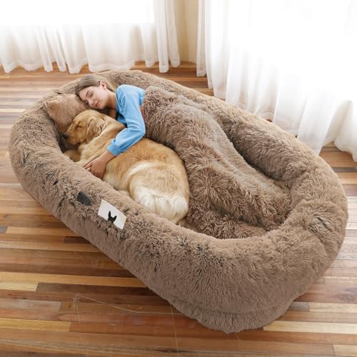 Human-Dog-Bed-Large-Dog-Beds-for-Humans-Size-Fits-You-and-Pets-Washable-Faux-Fur-Orthopedic-Human-Dog-Bed-for-People-Doze-Off-Napping-Present-Pillow-Blanket-Strap-Khaki