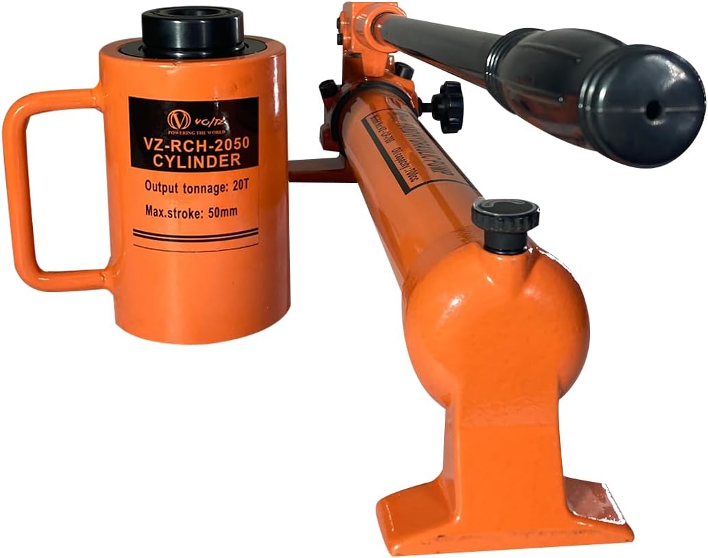 VOLTZ VZ-RCH-2050 Hydraulic Lifting Jack Hollow Hole Cylinder Jack with CP 700 Pump Single Acting Ram 50mm Lifting Cylinder Solid with Hand Pump 20 TON (2inch)