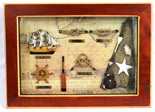 maritime Dekoration Bild Knotentafel hinter Glas 36 x 26,5 cm mit Dreimaster Mayflower, Steuerrad Cover