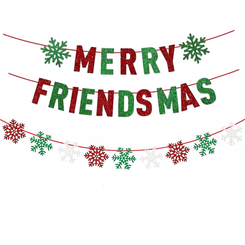 TUZIANAN Glitter Merry Friendsmas Banner with Snowflake Design - Christmas Party Decorations for Home Fireplace Office Holiday Party Supplies（Red