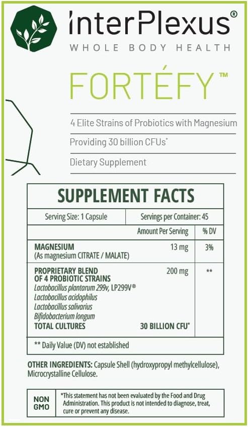 Miniatura 5 de InterPlexus Fortéfy - 4 cepas Elite de probióticos que proporcionan 30 mil millones de UFC por cápsula con magnesio - Sin gluten, sin lácteos, sin