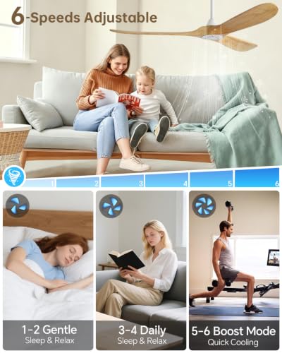 Image of Sofucor 60 Inch Smart Wood Ceiling Fan No Light, Alexa /App /Remote Control