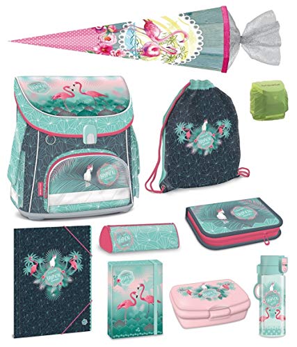 Familando Mädchen Schulranzen-Set 10 TLG. Federmappe Turnbeutel Schultüte 85cm Regenschutz Tropical Flamingo türkis pink
