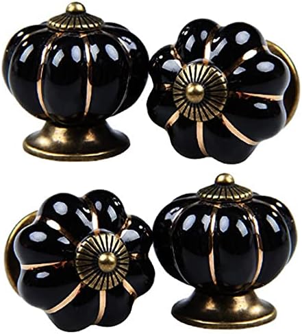 Kelier Ceramic Cabinet Knobs, [4 Pack] Vintage Sleek Pumpkin Door Pull Handles for Kitchen/Dresser Drawer/Cupboard/Wardrobe (Black, 4 Pieces)