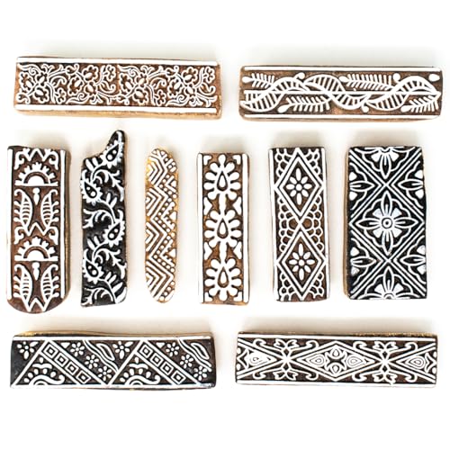 Image of Wooden Indian Traditional Design Printing Stamps / Blocks for Printing Saree Border / Dresses / Craft Card Making / Scrapbook / Clay Pottery (Set of 10)