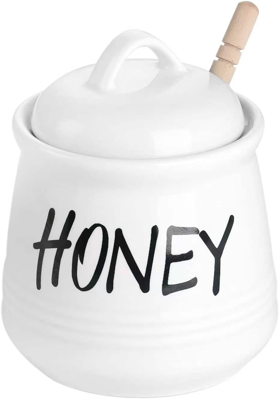 Porcelain Small Honey Jar with Lid and Honey Dipper 12oz (White)
