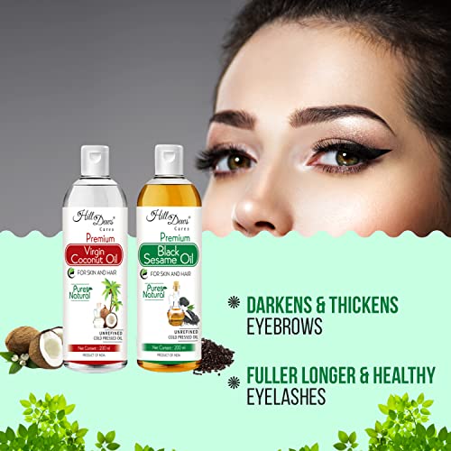 Image of HillDews Virgin Coconut Oil (200 ml) and Black Sesame Oil (200 ml) Combo - Cold Pressed - Moisturizes the Skin and Nourishes Soft and Shiny Hair (200 ml + 200 ml)