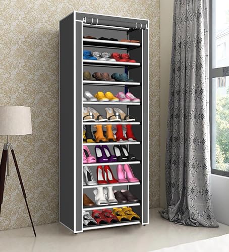Image of YouCopia Shoe Rack for Home Non Woven Fabric - DIY Multipurpose Shoe Rack Organizer, 9-Layer Shoe Rack for Home -Shelf with Dustproof Door Entryway for Heels /Slippers /Boots (Grey, 9-Layer)