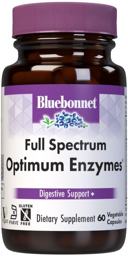 BlueBonnet Full Spectrum Optimum Digestive Enzymes - 9 Plant-Based Proteolytic Enzymes - Papaya, Bromelain, Amylase Gut Health for Women & Men - Vegan & Gluten-Free - 180 Vegetable Capsules