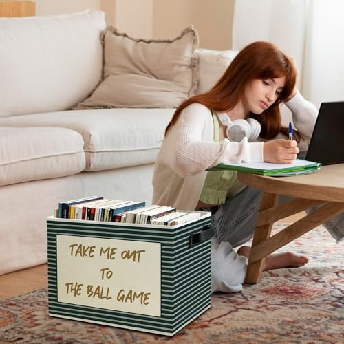 Image of Vintage Baseball Nursery Storage Bins Box with Handles, Take Me Out to the Ball Game Sports Green Striped Collapsible Basket Organizer for Boys Bedroom Playroom Bathroom Books Clothes