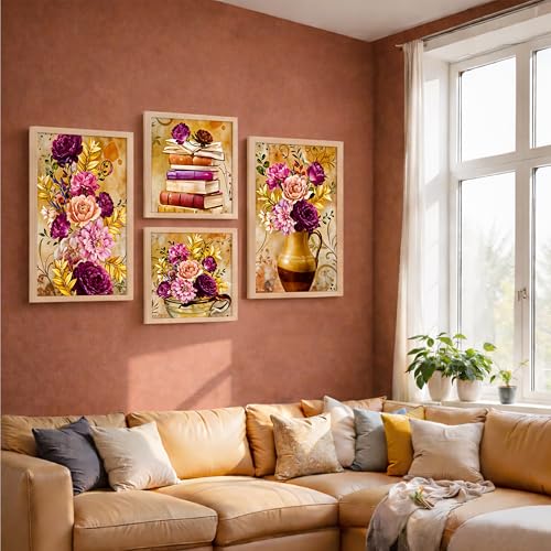 Image of NoWorries Wall Art Framed Paintings Set of 4 | Floral Bouquet, Books and Vase Prints with frames | Vintage Rustic Farmhouse Decor for Living Room, Bedroom, Office | Modern Art Wall Decorations