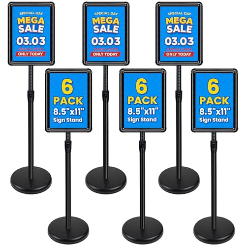 6 Pack Sign Stand for Display - Adjustable 8.5x11 Inch Floor Standing Sign Holder, Pedestal Poster Stand for Vertical&Horizontal View, Indoor&Outdoor Use for Business, Mall, Restaurant - Black