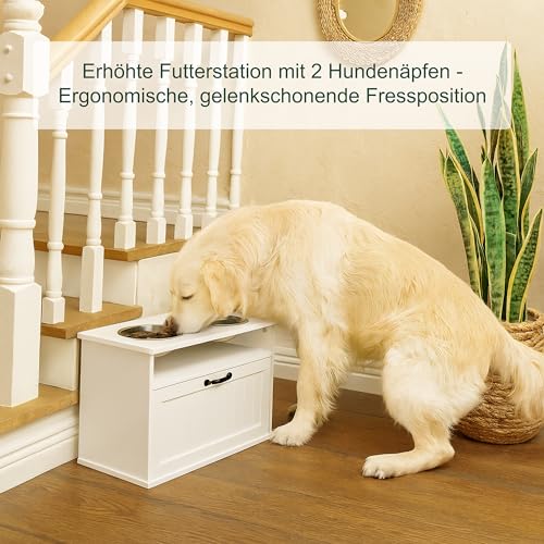 Relaxdays Futterstation Hund, 2 Hundenäpfe, Stauraum, HxBxT: 42 x 60 x 30 cm, erhöhte Hundebar, MDF, Hundeschrank, weiß