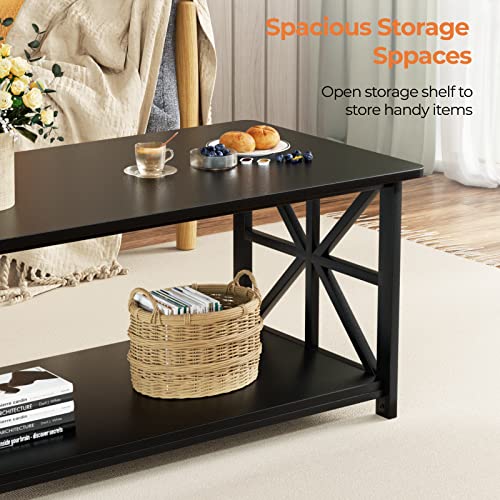 Image of GreenForest Coffee Table for Living Room with Round Corners | Rustic Style Center Table with Storage Shelf,39 Inch X-Frame Sofa Table,Space Saving,Easy Assembly,Black