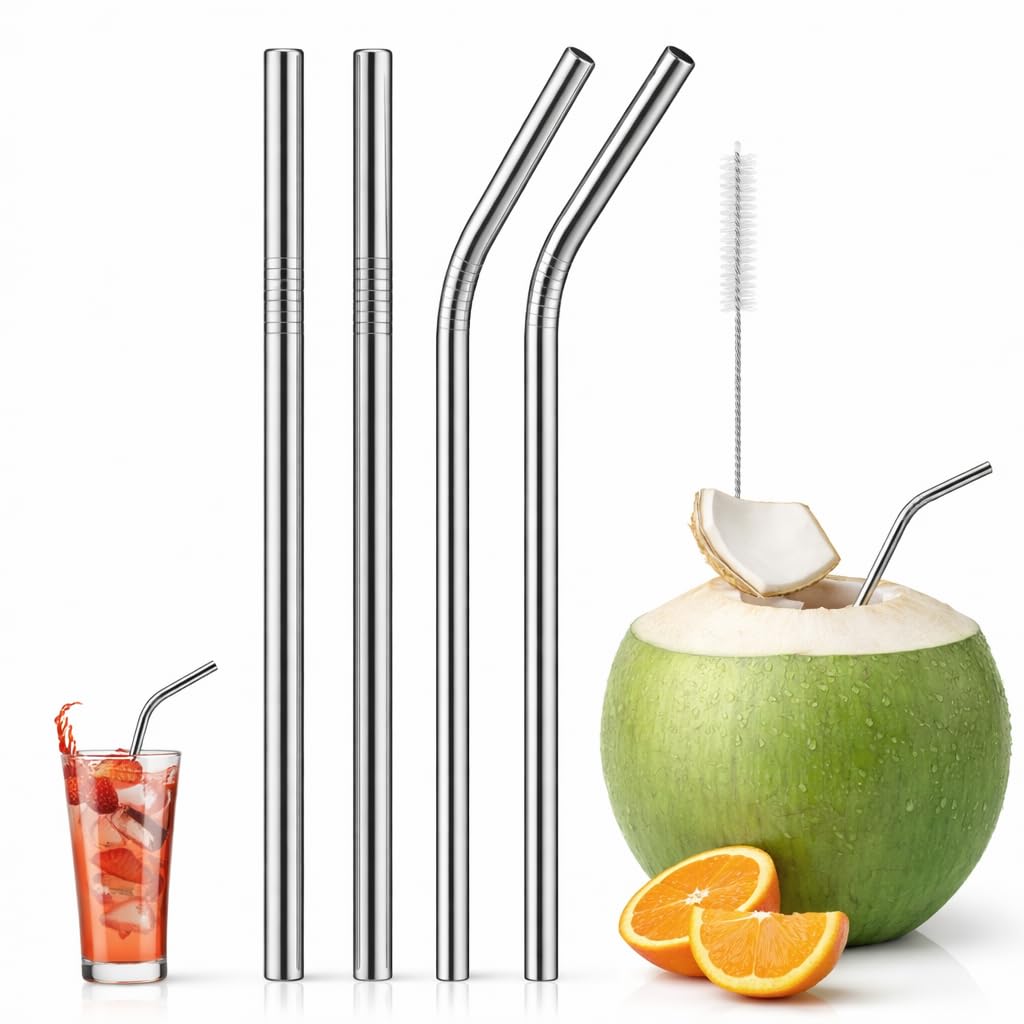 Stainless Steel Reusable Metal Straws with Cleaning Brush Pack of 4 2 Straight 2