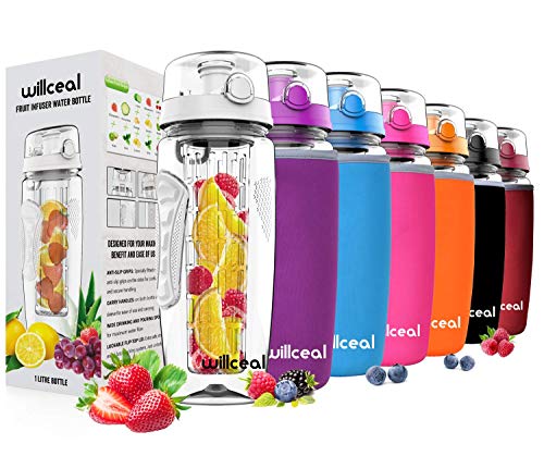 Willceal Wasserflasche mit Fruchteinsatz, 900 ml, robust, groß, BPA-frei, Tritan, Klappdeckel, auslaufsicher, für Sport, Camping (weiß) Cover