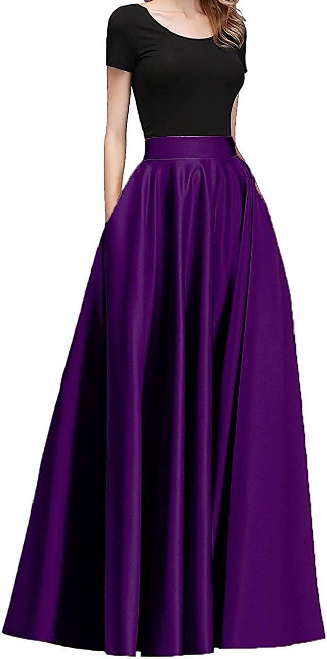 Women’s Long Satin Bridesmaid Dress Floor Length Maxi Skirts High Waist Fomal Prom Party Skirts with Pockets