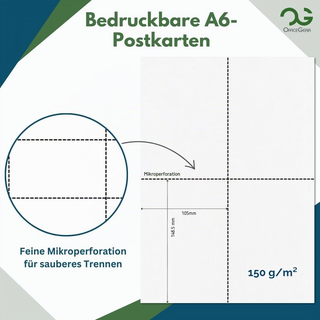 OfficeGear A6-Postkarten [65 Blatt, 260 Stück] – Perforierte, bedruckbare Karten für Lernen, Flyer, Menü, Notizen – 105 × 148 mm – Weiß, A4, 150 g/m² – inkl. Designvorlage