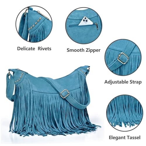 Image of Fringe Hobo Bags for Women Vintage Suede Crossbody Bag Hippie Western Cowgirl Purses Tassel Shoulder Bag