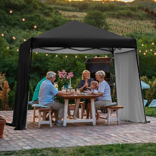 Oakmont 8×8ft Pop-up Outdoor Canopy Tent with 2 Expandable Sidewalls for Parties, Beach, and Camping, Patio Shade Canopy with 1 Wheeled Bag, Bonus 4 Sandbags, 12 Ground Stakes, and 8 Ropes (Black)