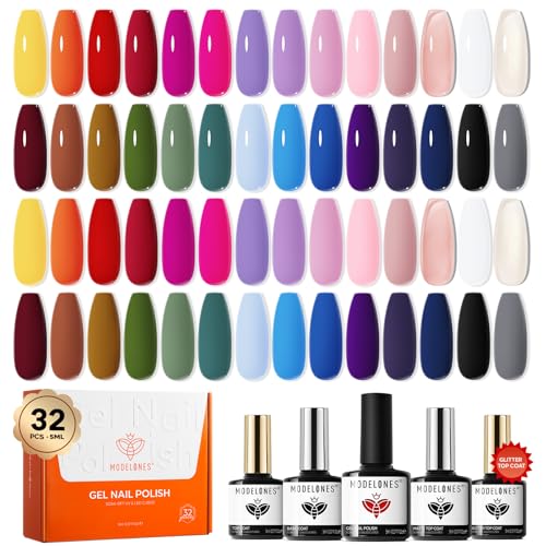 Image of modelones 32 PCS Gel Nail Polish Set, 28 Colors Summer Gel Polish with No Wipe Base Coat, Glitter & Glossy & Matte Top Coat Red Nude Purple Green Soak Off LED Nail Art Kit Salon at Home