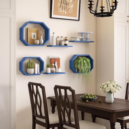 Image of Wall Mounted Floating Shelves Set of 6, Multipurpose Display, Book, Storage & Decor Shelves, Octagon Shape Wooden Wall Shelf for Living Room, Bedroom, Kitchen (Blue)