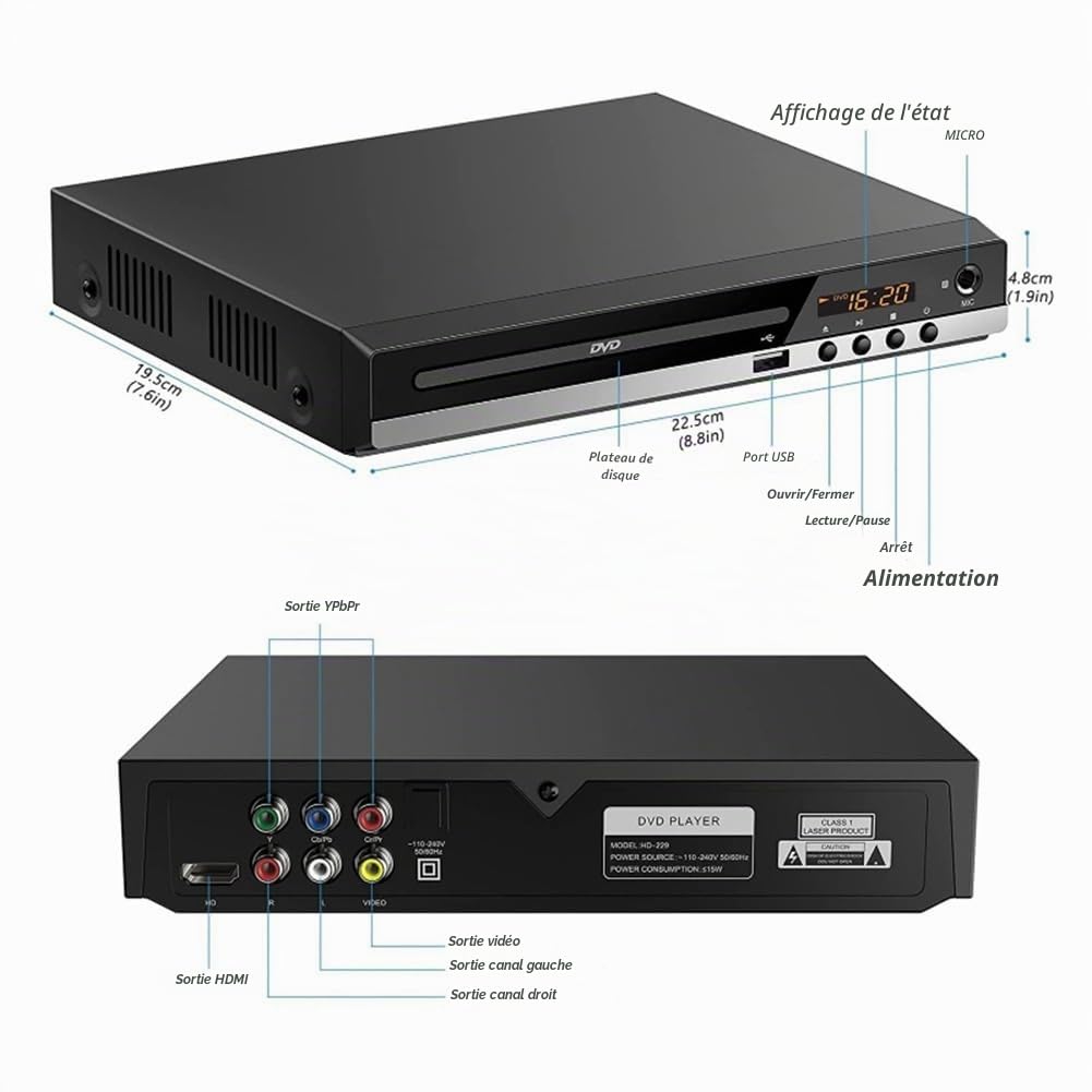 Lecteur DVD 1080P HD Home DVD-Player-Box pour Télévision Lecteur DVD CD sans région Sortie AV Lecteur EVD Prise UE Noir