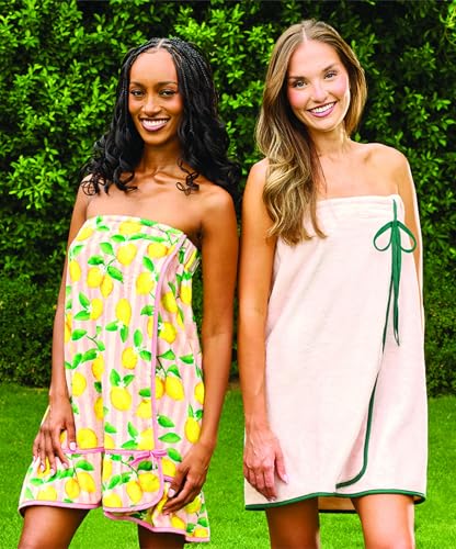 Image of Bella Sleep + Spa Women's Ultra Soft Plush Luxury Spa Shower Bath Wrap with Adjustable Closure, One Size, Pink Stripes + Lemons