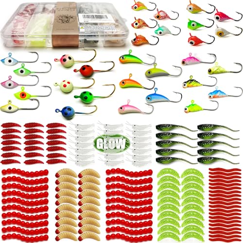 VMSIXVM 150/160/170Pcs Ice Fishing Jigs Lures Soft Plastic Worm Baits Kit, Micro Glow Winter Jig...