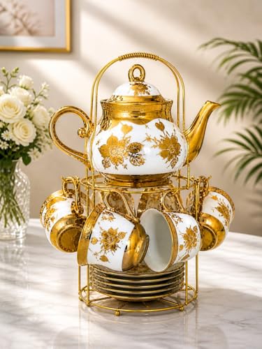 Image of 13 Pcs Premium Floral Ceramic Tea Set with Stand | 1 Teapot with Lid, 6 Cups & 6 Saucers | Vintage Gold Finish Porcelain Tea Set for Home, Party & Gifting Tea Cup Saucer Set with Teapot